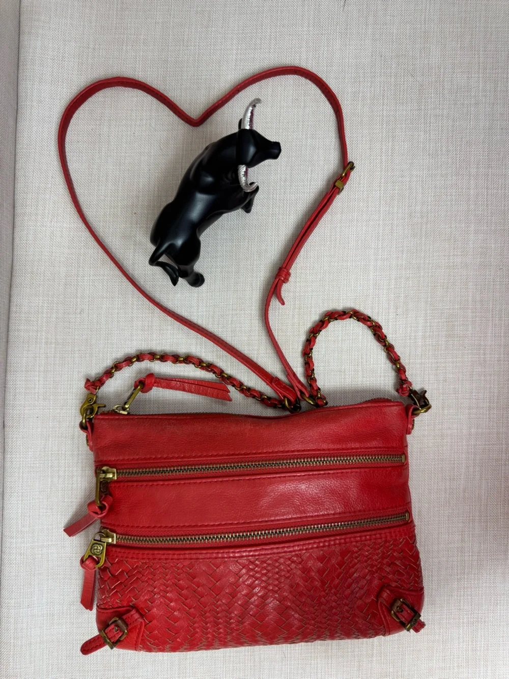 Red Woven Leather Crossbody Bag with Chain-Trim Strap